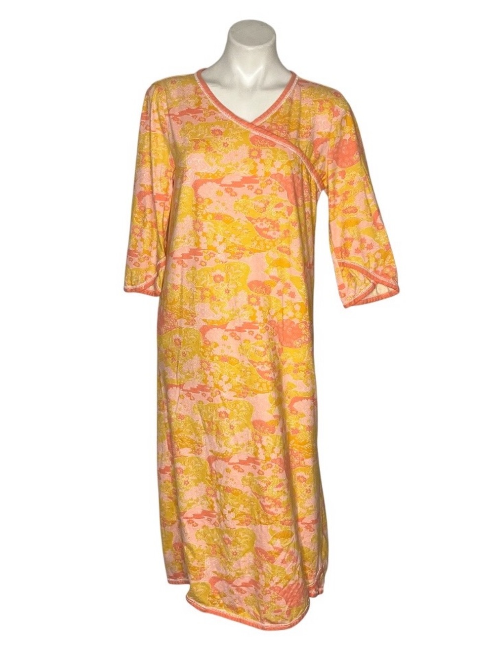 GARNET HILL Asian Wrap Organic Cotton Midi Night Gown Faux Wrap Size Medium